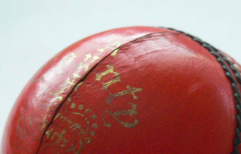 Close up. Readers County Crown after 20 overs in damp conditions. Quarter seam distorted and beginning to open.